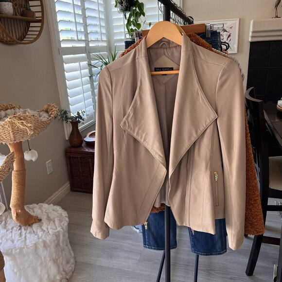 Via Spiga Jacket Womens Size PS Taupe 100% Genuine Lamb Leather Gold Zippers - Picture 15 of 15